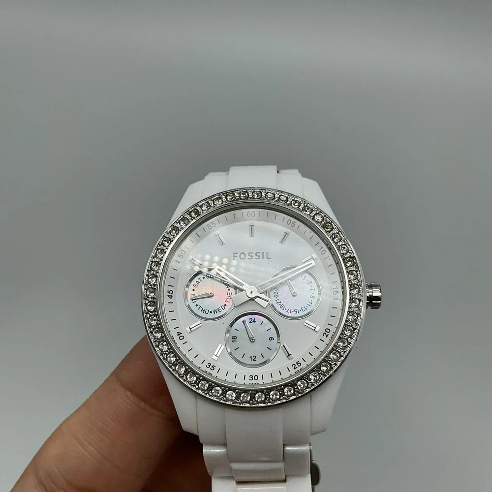 Fossil Stella ES1967 Womens Watch 37mm White Crystal Day Date New Battery 7.5